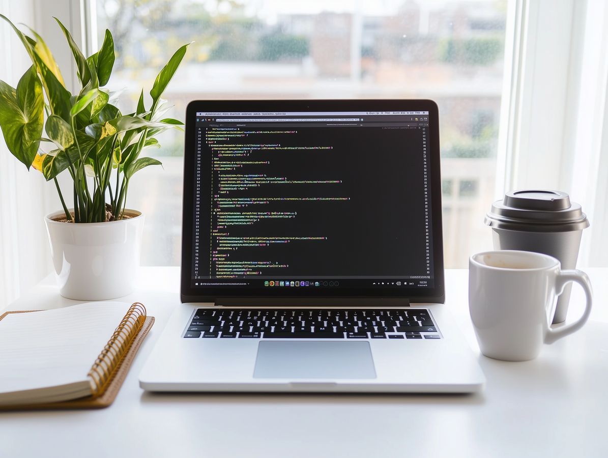 Modern developer workspace with laptop showing code, notebook, coffee, and plant by a window