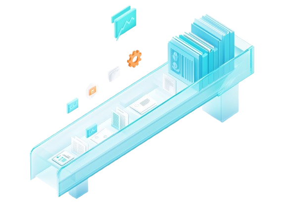 Isometric conveyor pipeline transforming documents into organized data blocks representing process automation
